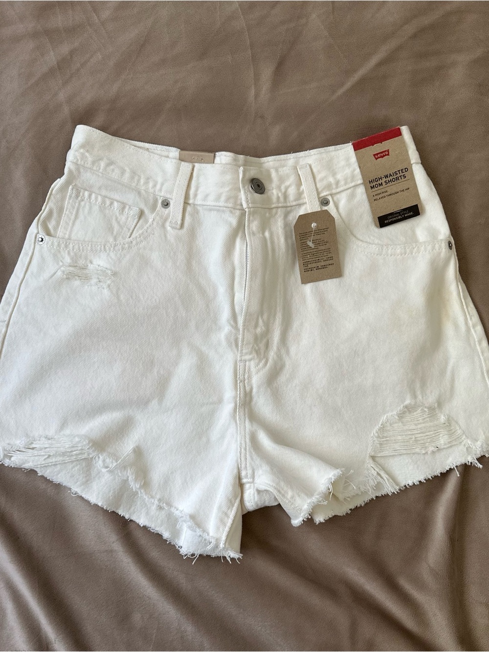 Levi's White High-Rise Distressed Denim Shorts